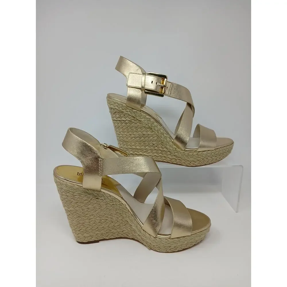 Michael Kors Giovanna MK Logo Pale Gold Espadrille Wedge Women’s US Size 10M New